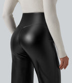 Pantalon similicuir évasé gainant taille haute stretch avec poches