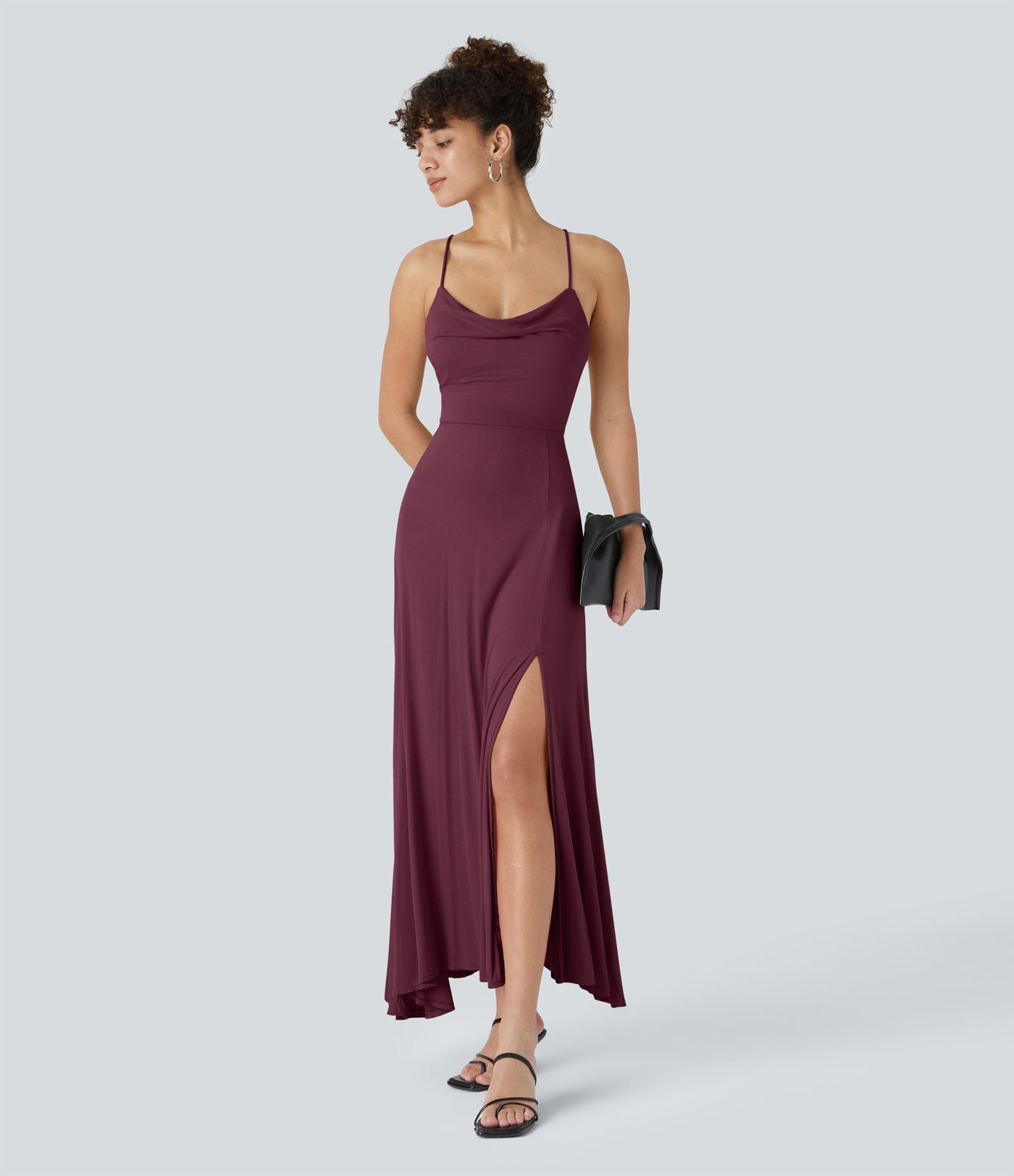 Robe Soirée Midi Encolure Côtelée Dos Nu Lacets Croisés Fendue