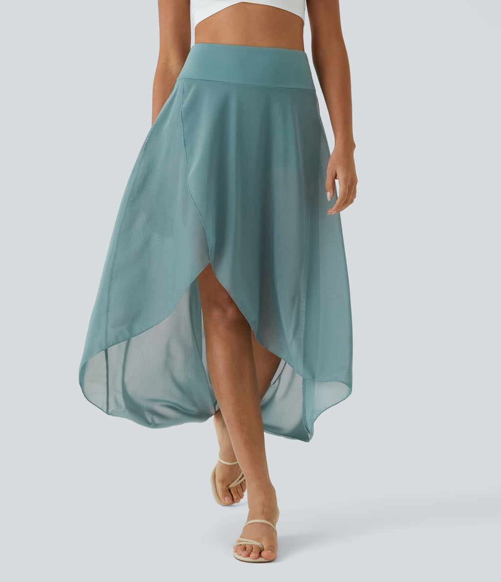 Jupe Longue Fluide Taille Haute à Volants 2 en 1 Poche Latérale Évasée en Mesh Casual Quotidien
