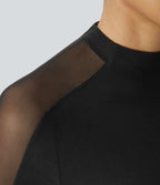 Top de Travail Skinny à Col Montant Manches Raglan Longues Mesh Contrastés