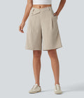 Short tailleur bermuda aspect lin taille mi-haute asymétrique 25 cm avec poches