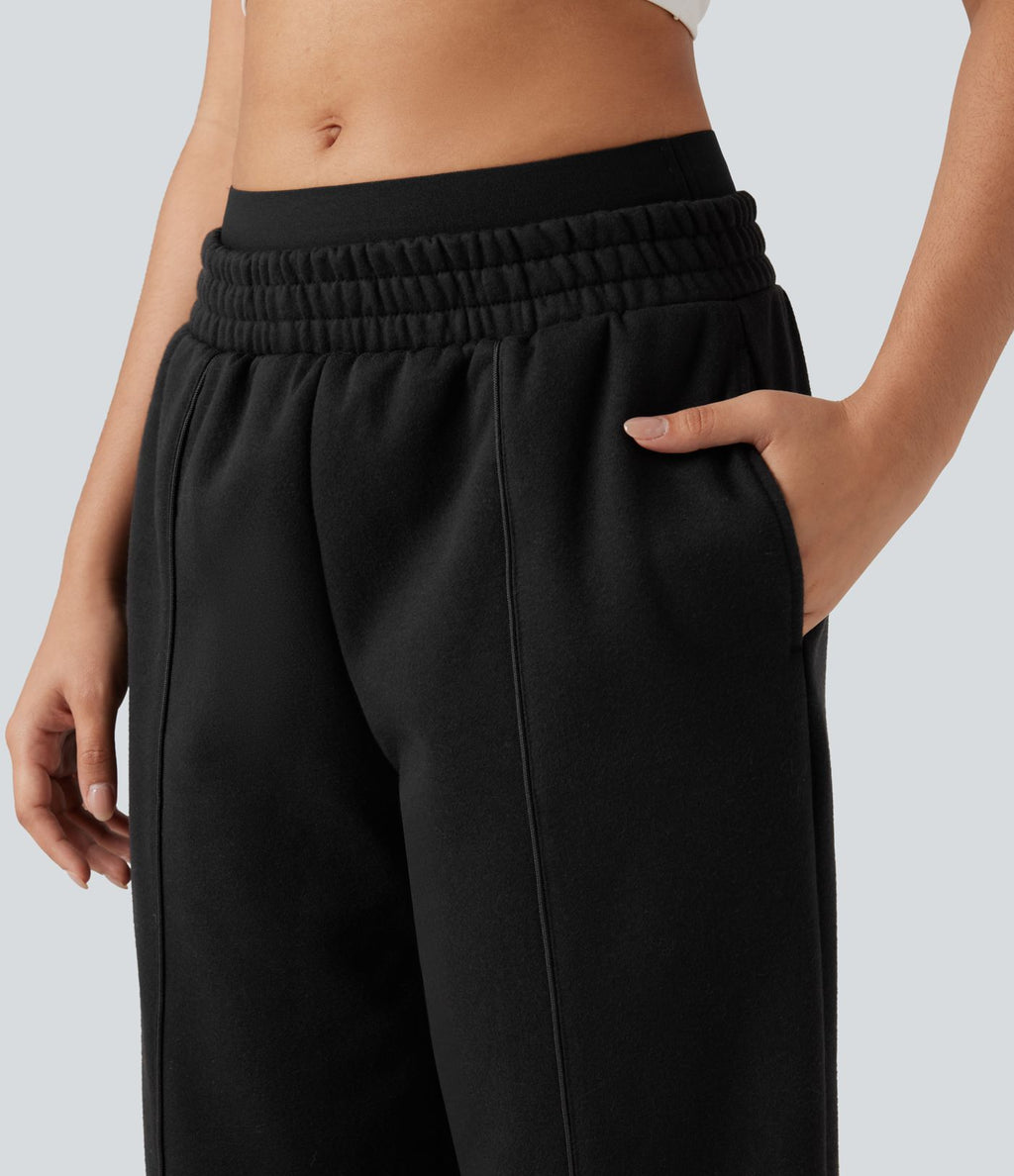 Pantalon large fluide polaire color block double ceinture gainant taille haute avec poches