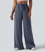 Pantalon large décontracté à rayures et taille haute avec cordon de serrage et poches