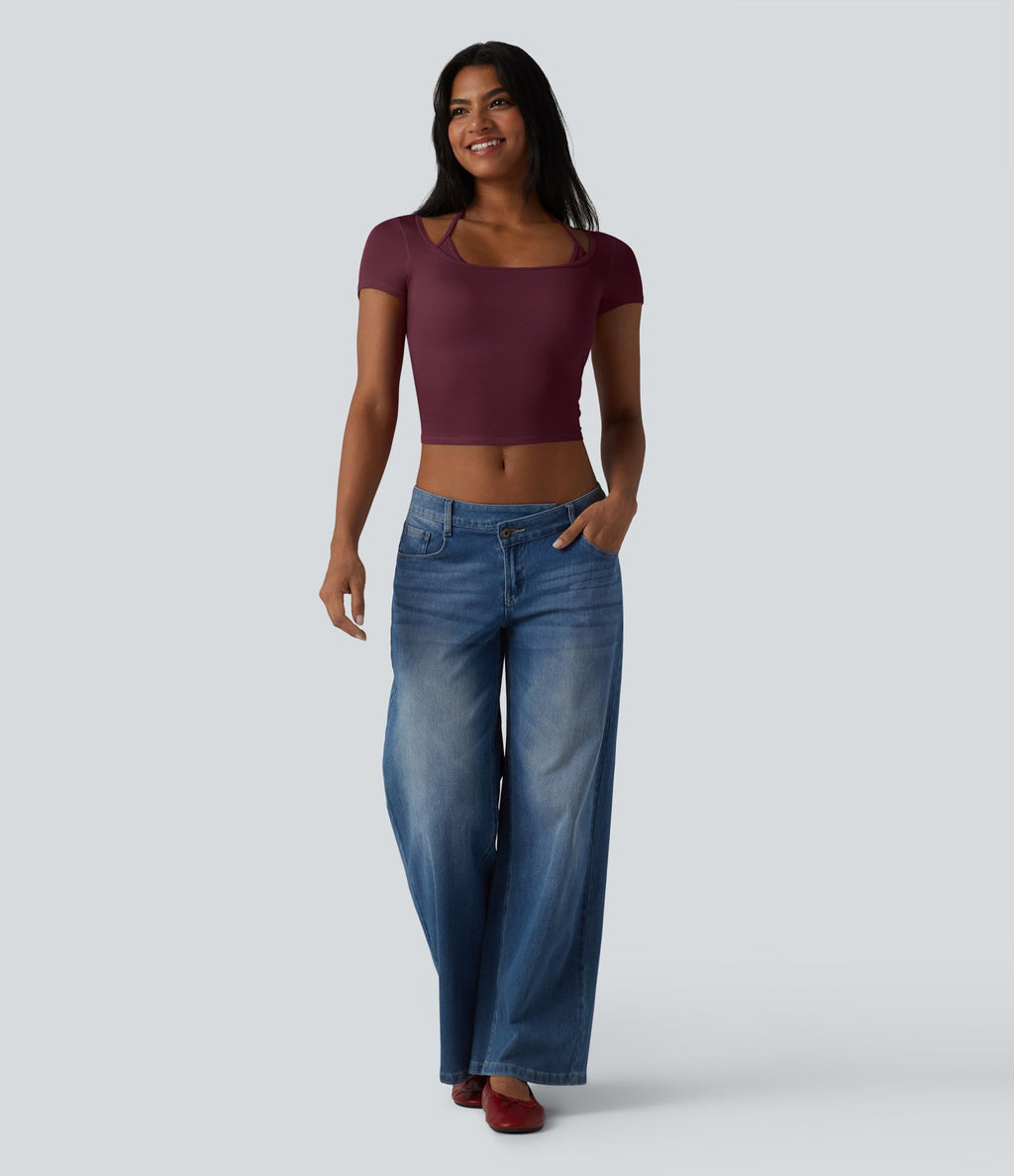 T-shirt crop décontracté côtelé dos nu à nouer avec soutien-gorge intégré manches courtes