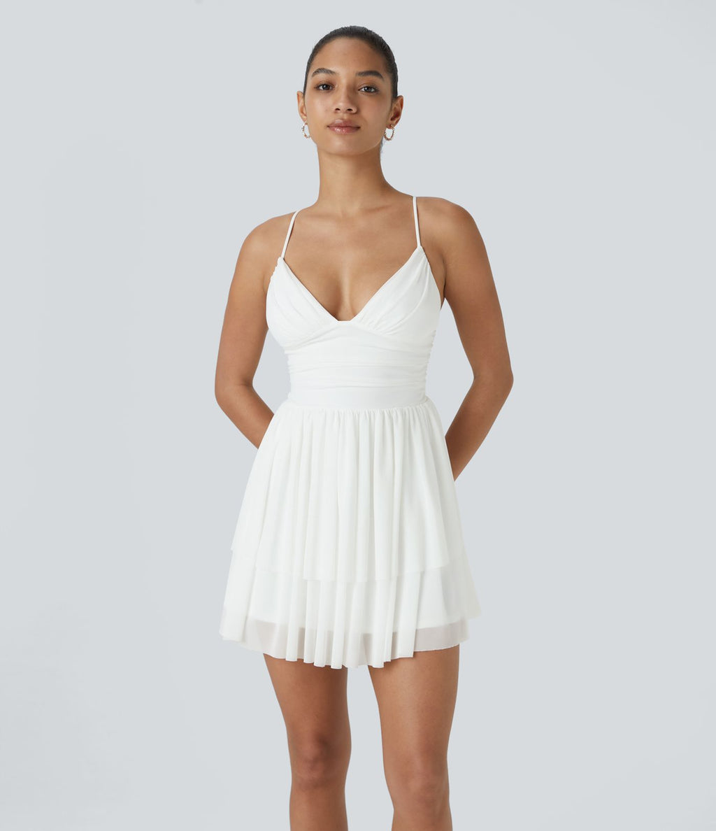 Robe Soirée Mini Superpositions en Maille avec Dos Nu Croisé Lacets