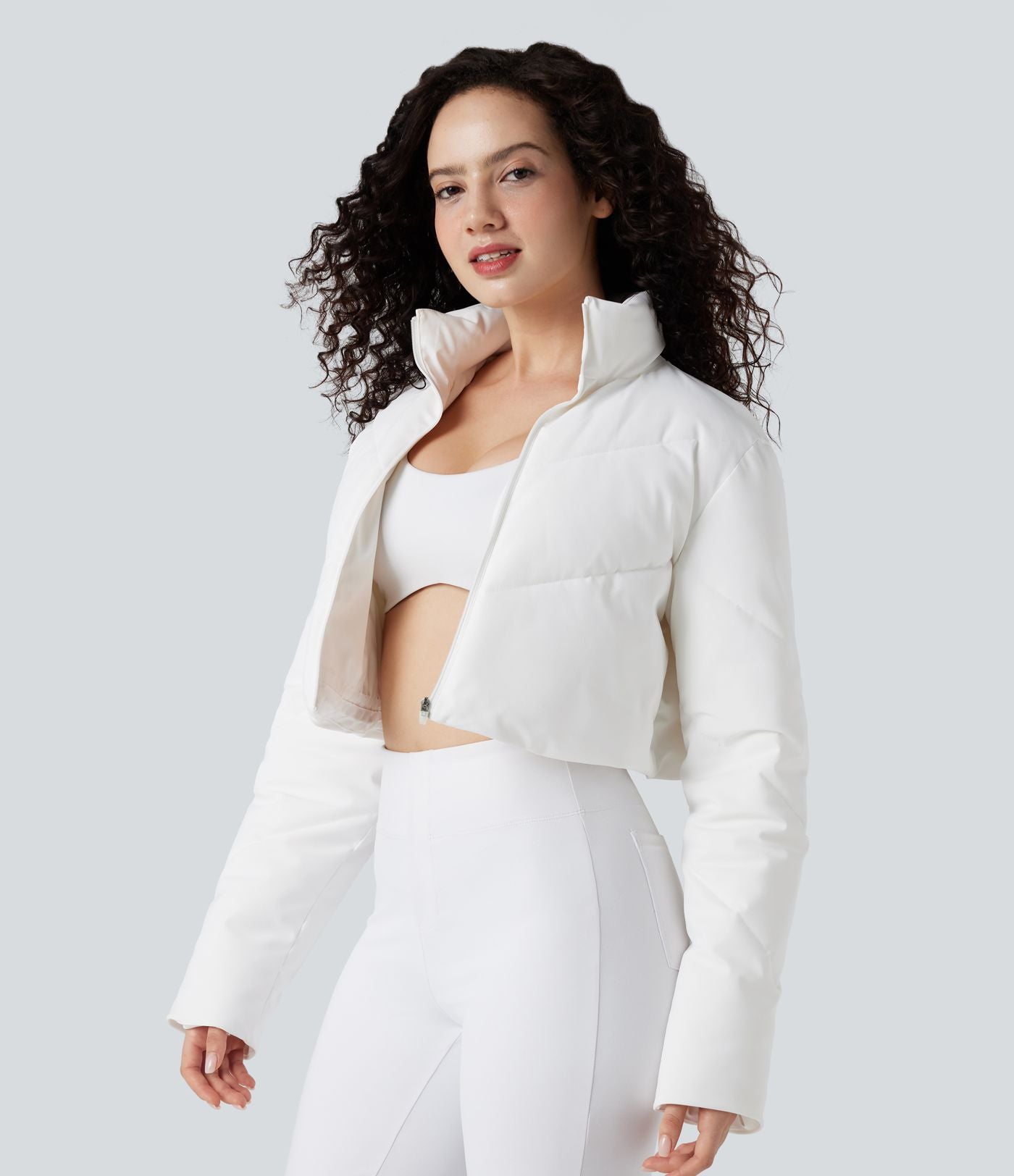 PuffFlex Manteau doudoune 3-en-1 court casual à col montant et veste à ourlet arrondi avec passants pouces et poche