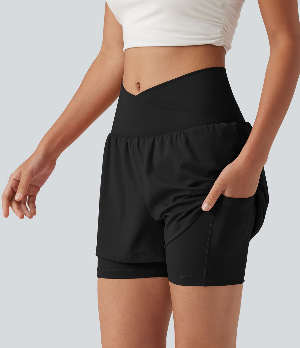 Short de yoga 2-en-1 taille haute croisée en SoftlyZero™ Airy à effet frais InstantCool 12,5 cm avec poches