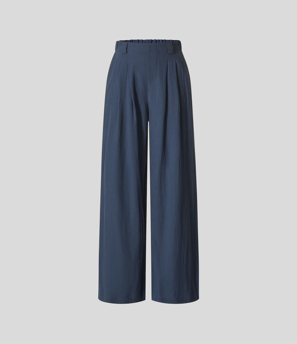 Pantalon Fluide Large Taille Haute Poches Latérales Palazzo Solide Casual Linen-Feel