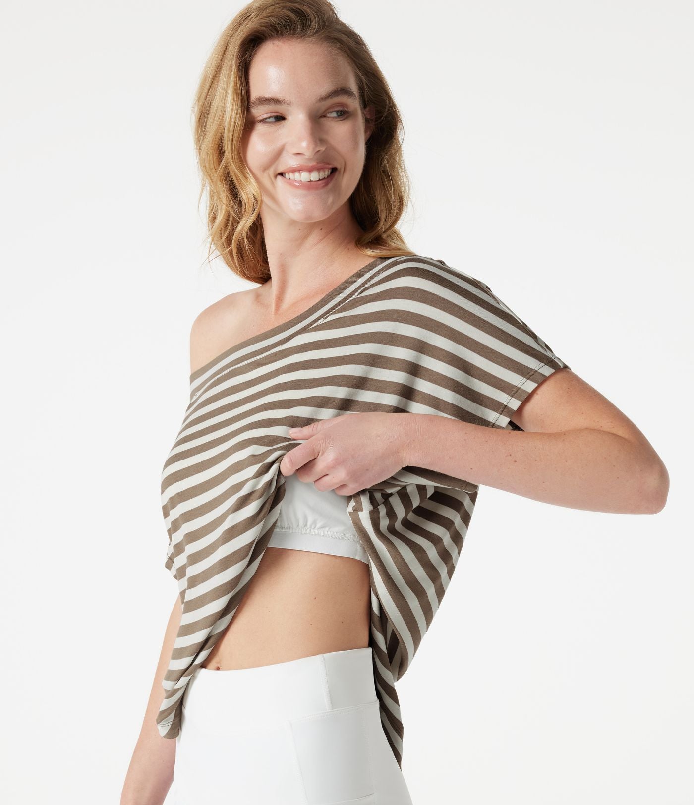 Top casual asymétrique épaule dénudée à rayures, manches courtes, ourlet incurvé et brassière intégrée