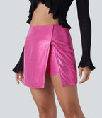 Softlyzero™ Jupe Soirée Mini à Effet Cuir Taille Haute Ourlet Fendu 2-en-1 Poche Côté Imprimé Métallisé Élastique Moulante
