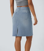 Jupe en Jean midi décontractée extensible délavée à taille moyenne avec boutons, fermeture éclair, poches multiples et fente