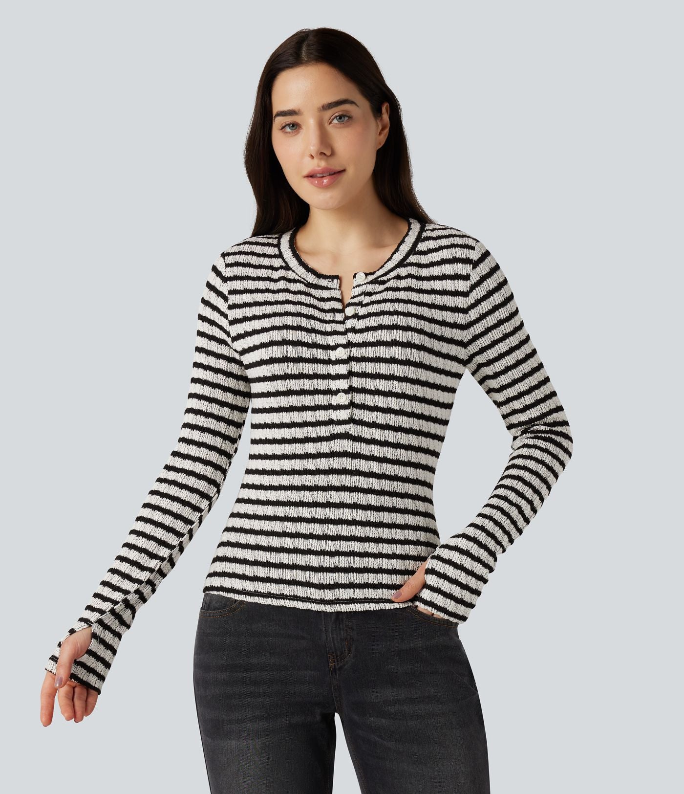 T-shirt rayé col Henley manches longues avec trous pouces