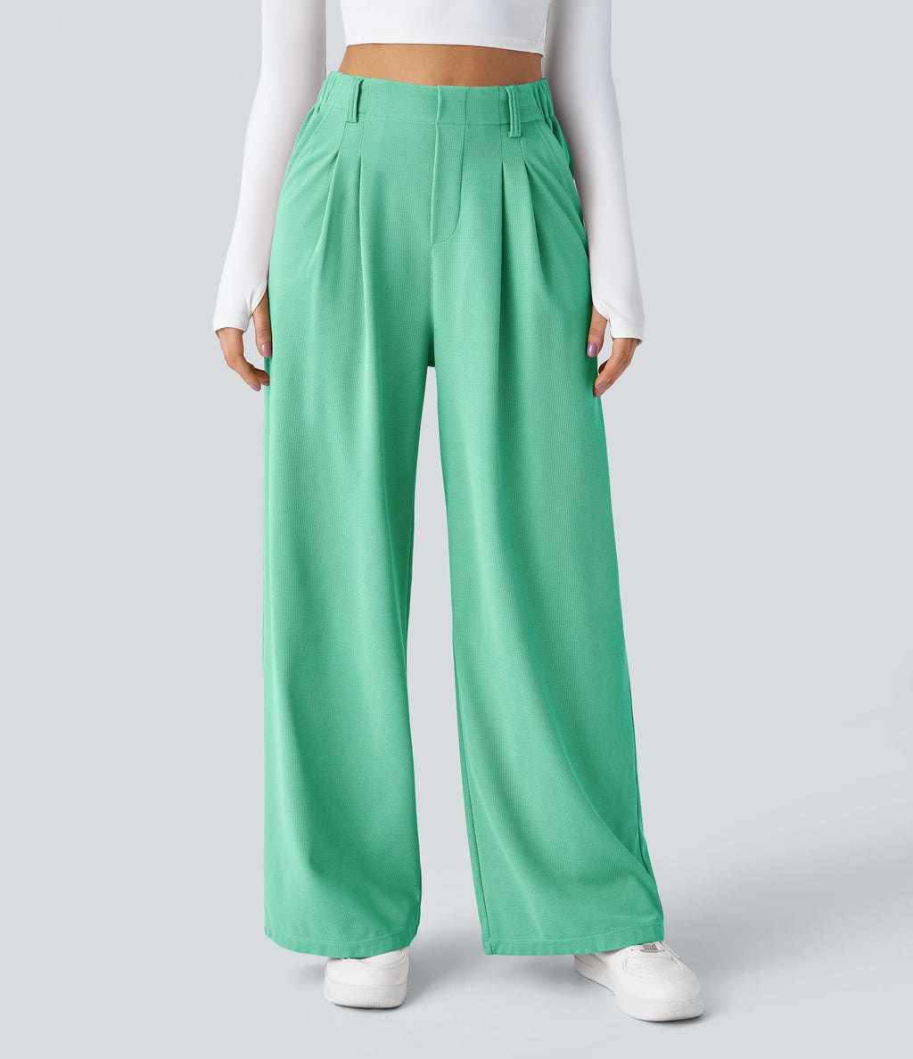 Halara Flex™ Pantalon Tailleur Large Fluide Gaufré Taille Haute Poches Latérales