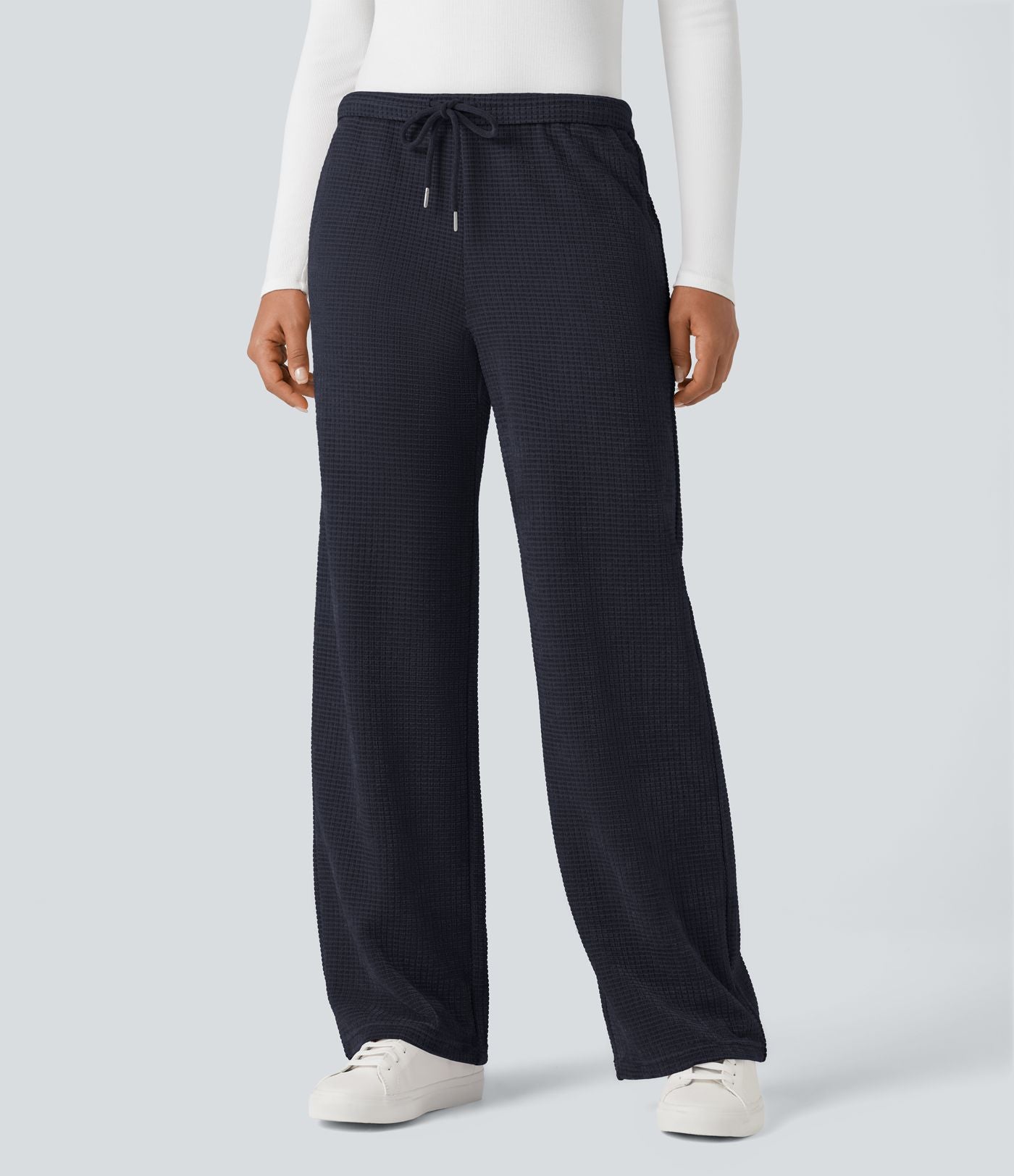 Pantalon chenille gaufré coupe droite taille mi-haute avec poches