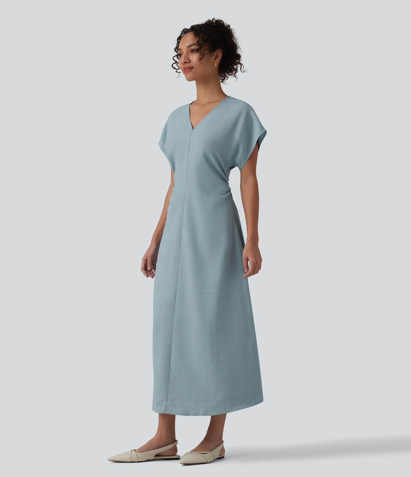 Robe longue tailleur évasée col V à manches courtes avec fermeture éclair invisible et drapé froncé