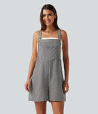 Salopette-short casual effet lin à carreaux avec poches