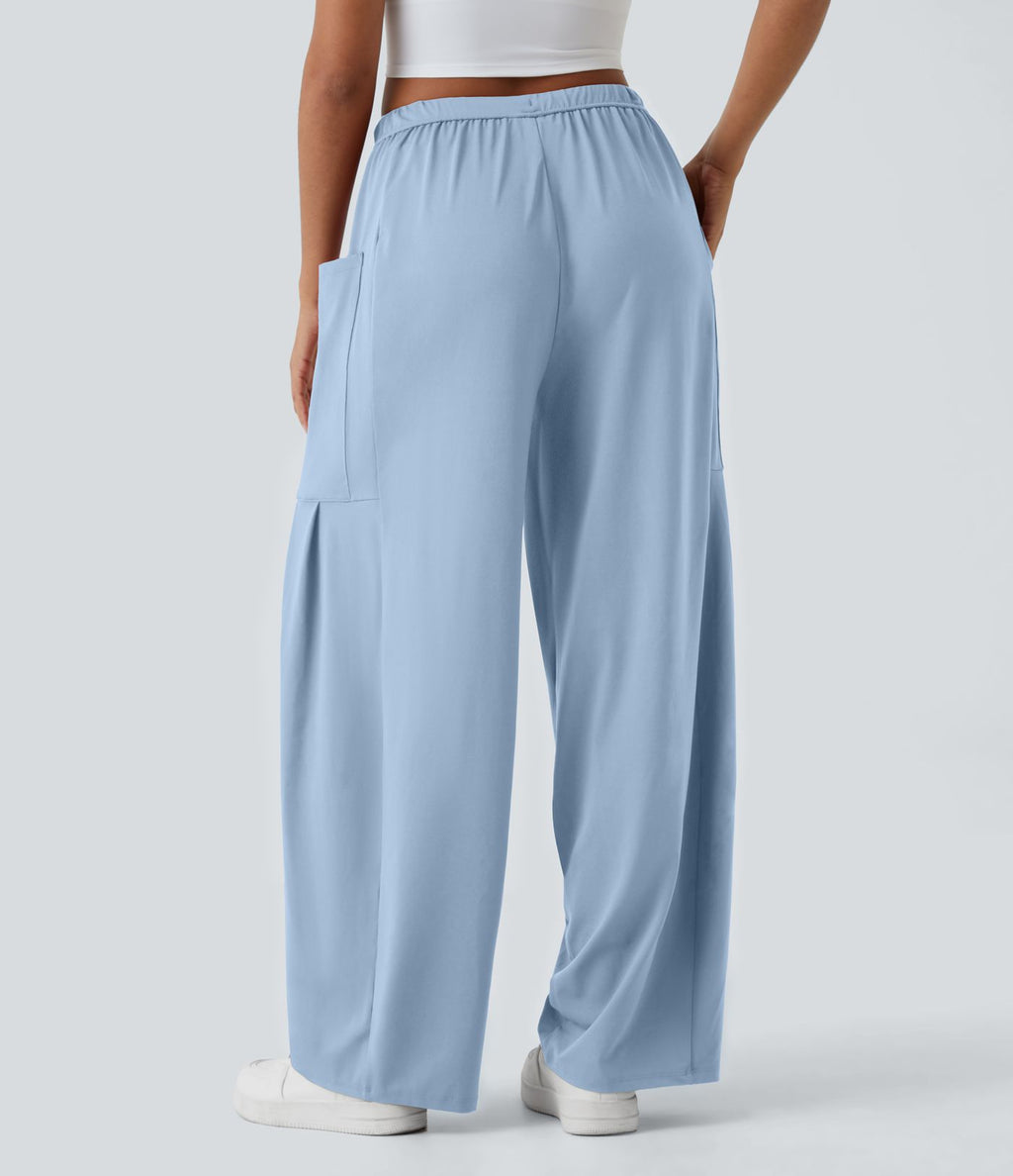 Pantalon Large Fluide Taille Mi-Haute Taille Élastique Cordon Poches Latérales Ourlet Flottant