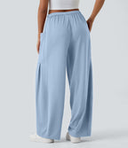 Pantalon Large Fluide Taille Mi-Haute Taille Élastique Cordon Poches Latérales Ourlet Flottant