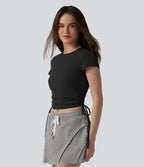 Halara T-shirt décontracté en jersey de coton à col rond, cordon de serrage, dos froncé et ouverture goutte