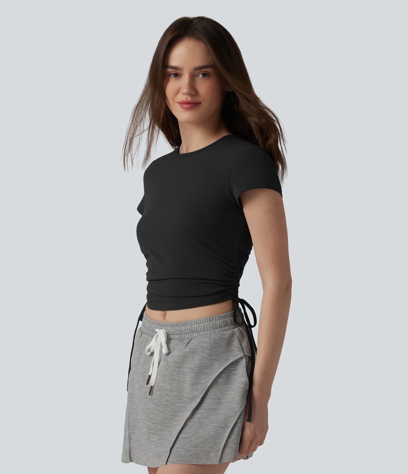 Halara T-shirt décontracté en jersey de coton à col rond, cordon de serrage, dos froncé et ouverture goutte