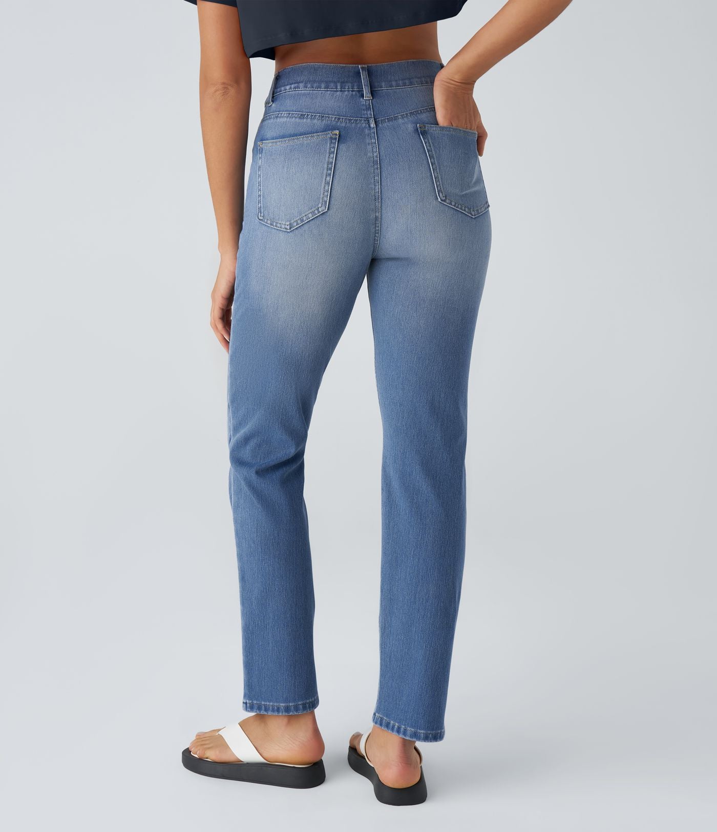 Jean droit Halara Flex™ à taille haute, poches multiples, effet délavé et tissu extensible
