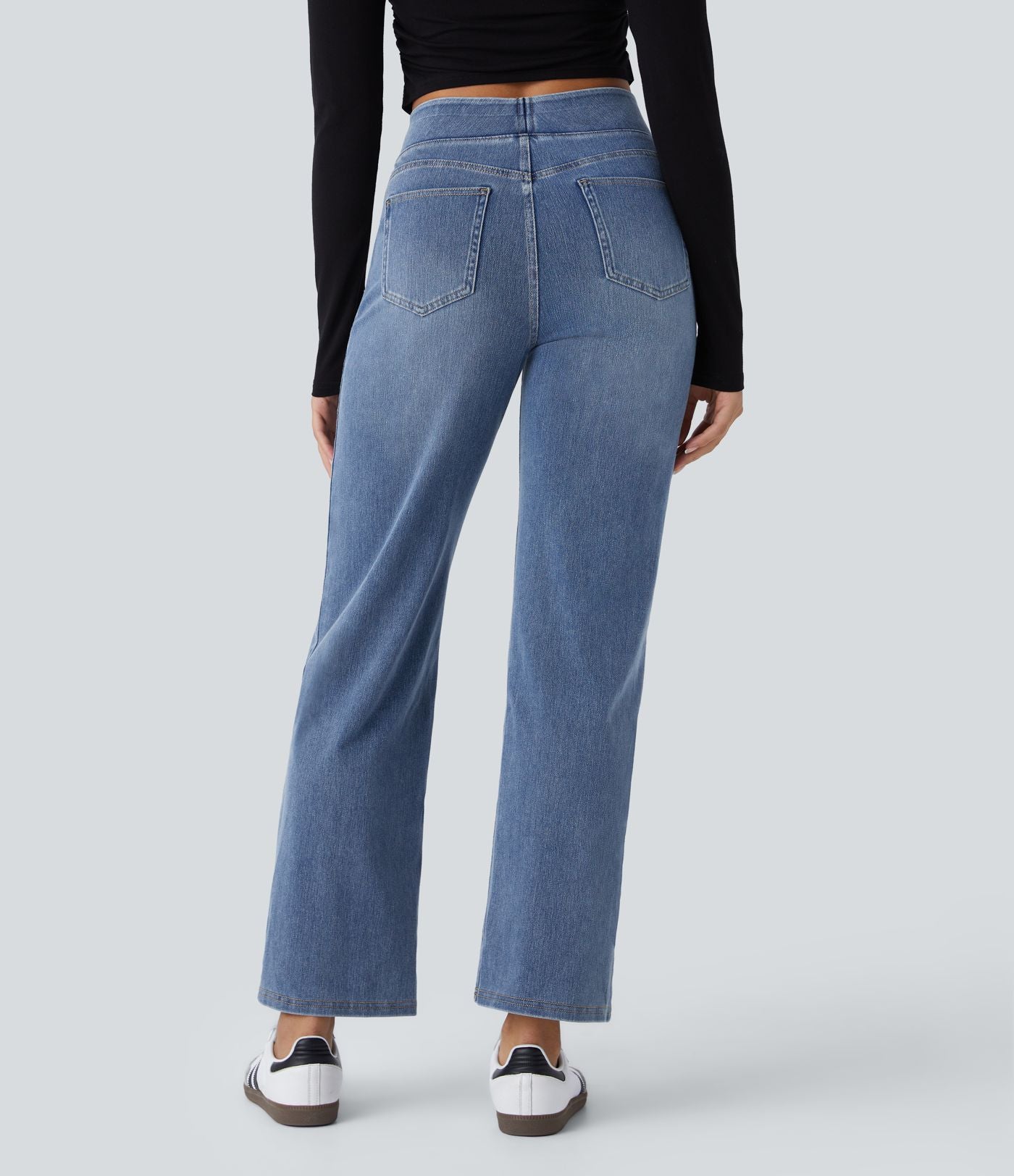 Jean décontracté Halara Flex™ taille haute, extensible, délavé, jambes droites avec poches multiples