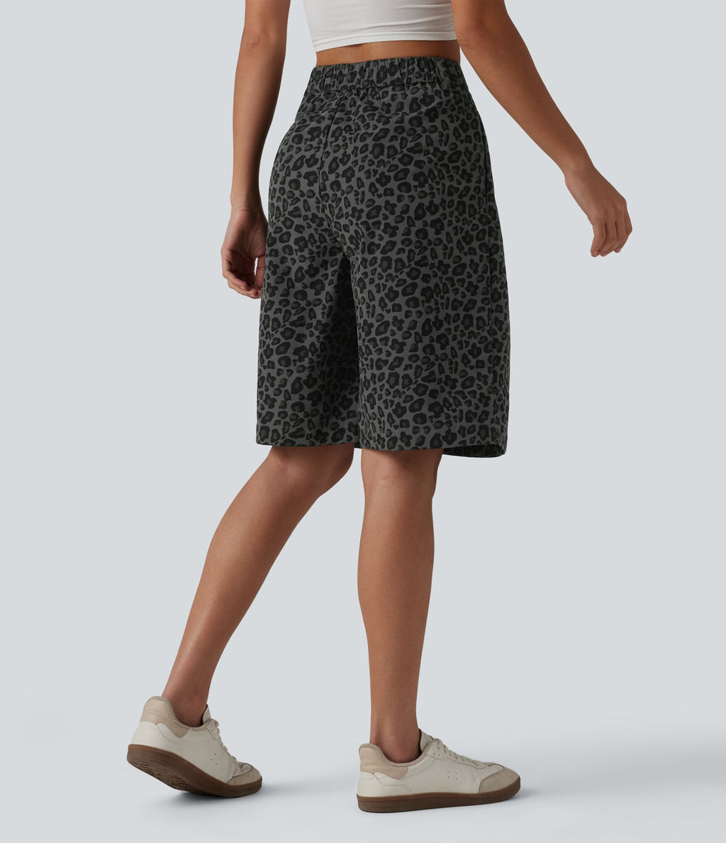 Short ample décontracté à imprimé léopard taille mi-haute, 25 cm, avec poches