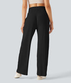 Pantalon décontracté maille côtelée taille haute avec poches