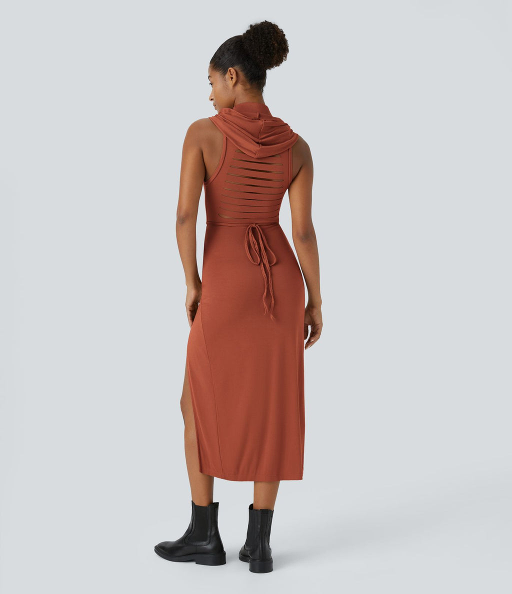 Robe Casual Midi 2 Pièces Capuche Col Montant Sans Manches Fendue avec Découpe Dos Nœud Côtelée
