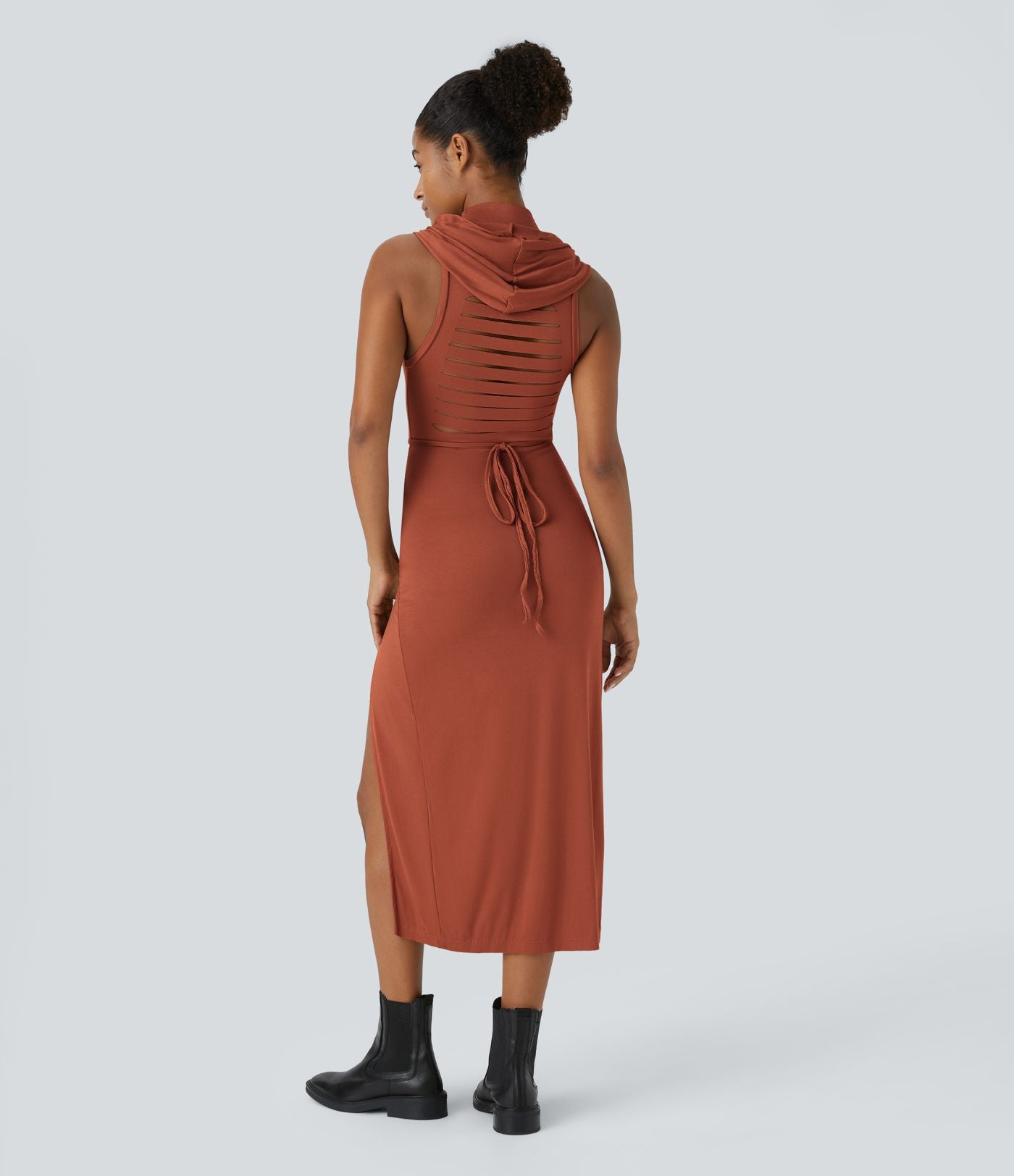 Robe Casual Midi 2 Pièces Capuche Col Montant Sans Manches Fendue avec Découpe Dos Nœud Côtelée