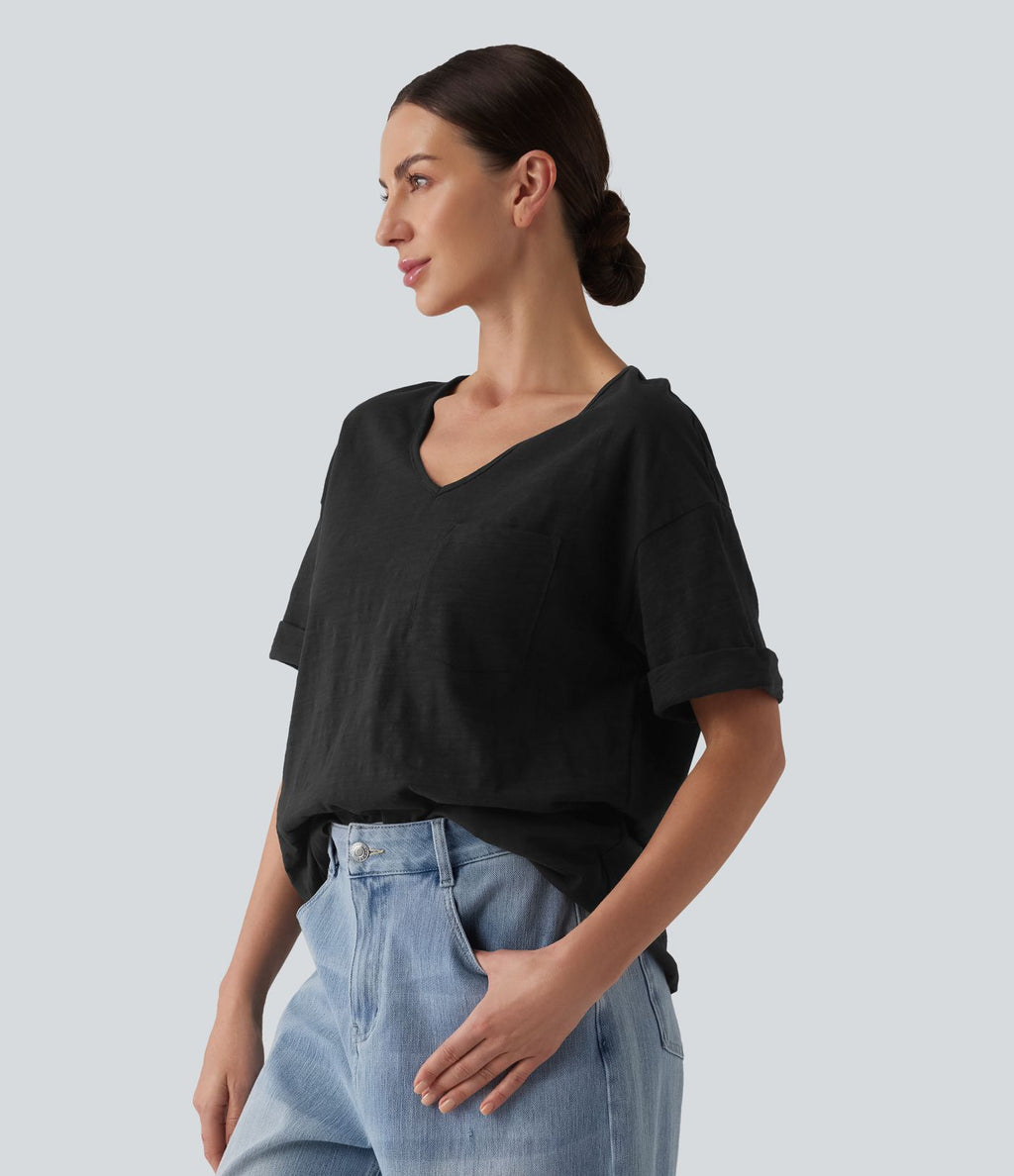 T-shirt casual ample col cœur manches courtes retroussées en coton slub avec poche