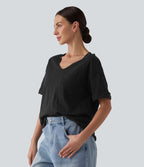 T-shirt casual ample col cœur manches courtes retroussées en coton slub avec poche