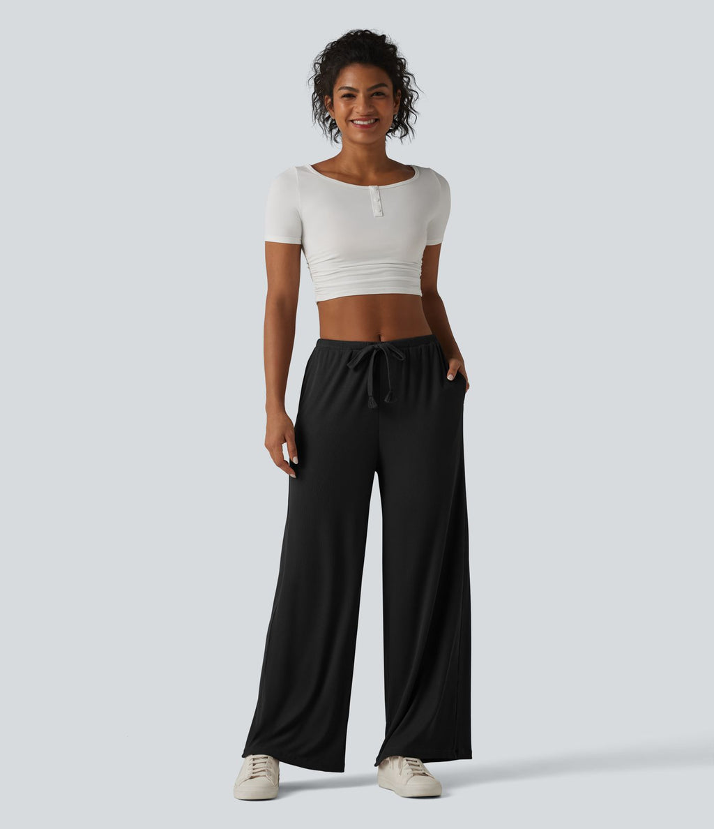 Pantalon large casual en maille côtelée extensible taille mi-haute avec cordon de serrage et poches