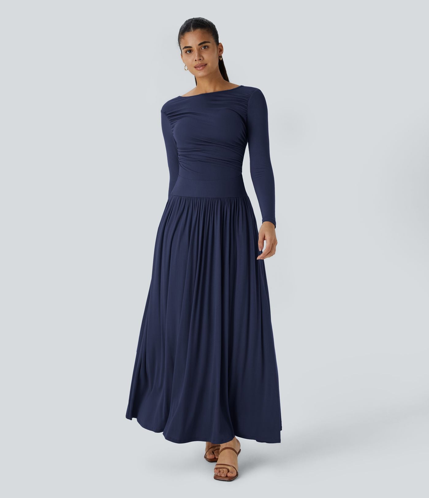 Robe Casual Maxi Fluide Encolure Bateau en Côtes avec Poches Latérales et Froncée