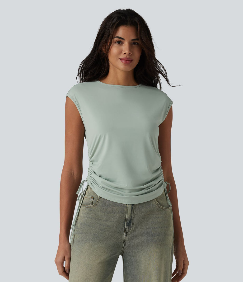 T-shirt casual col rond à manches courtes couvrantes avec cordon de serrage