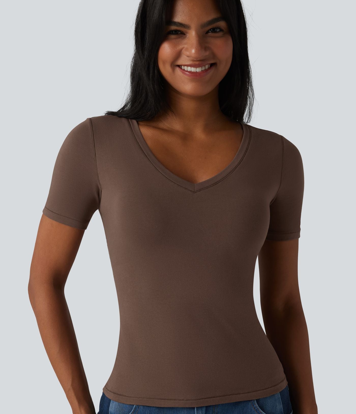 Halara T-shirt décontracté en jersey de coton col V manches courtes avec soutien-gorge intégré bonnets B-DD
