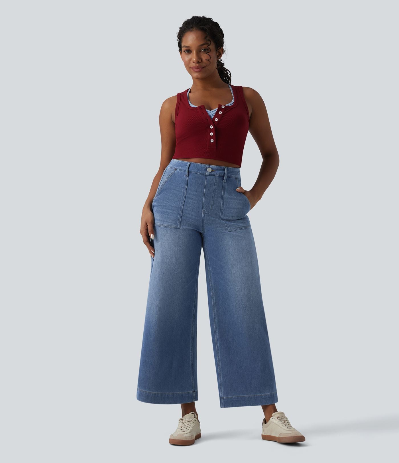 Jean large 7/8 casual Halara Flex™ taille haute ventre plat avec poches