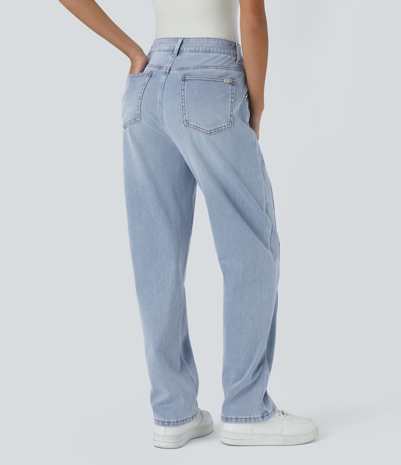 Jean décontracté Halara Flex™ taille haute extensible en maille avec bouton, fermeture éclair, poches multiples et effet délavé