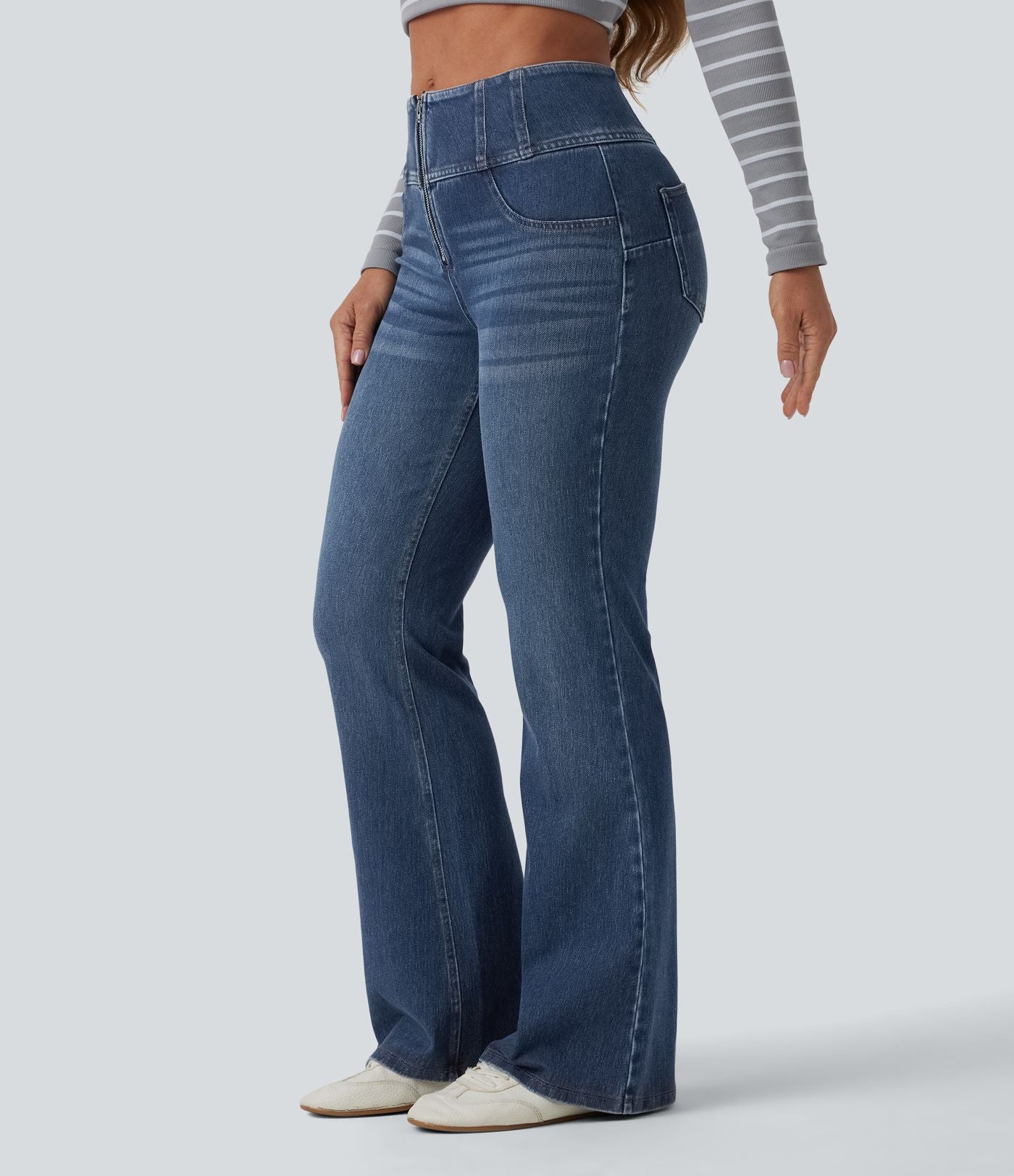 Jean évasé décontracté Halara Flex™ gainant taille mi-haute demi-zip avec poches