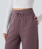 Pantalon jogging décontracté polaire taille haute jambe large avec cordon de serrage ourlet fendu et poches