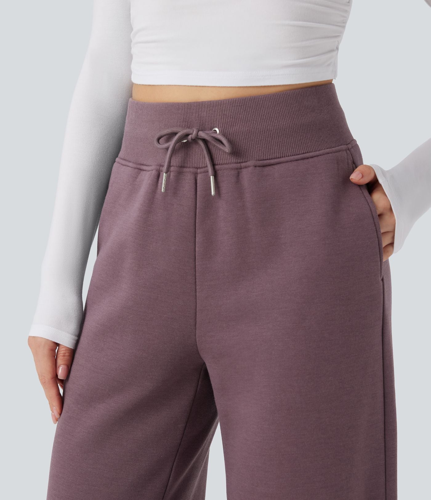 Pantalon jogging décontracté polaire taille haute jambe large avec cordon de serrage ourlet fendu et poches