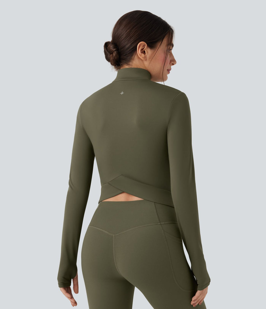 Veste yoga SoftlyZero™ Plush col montant manches longues avec trous pour pouces et dos croisé