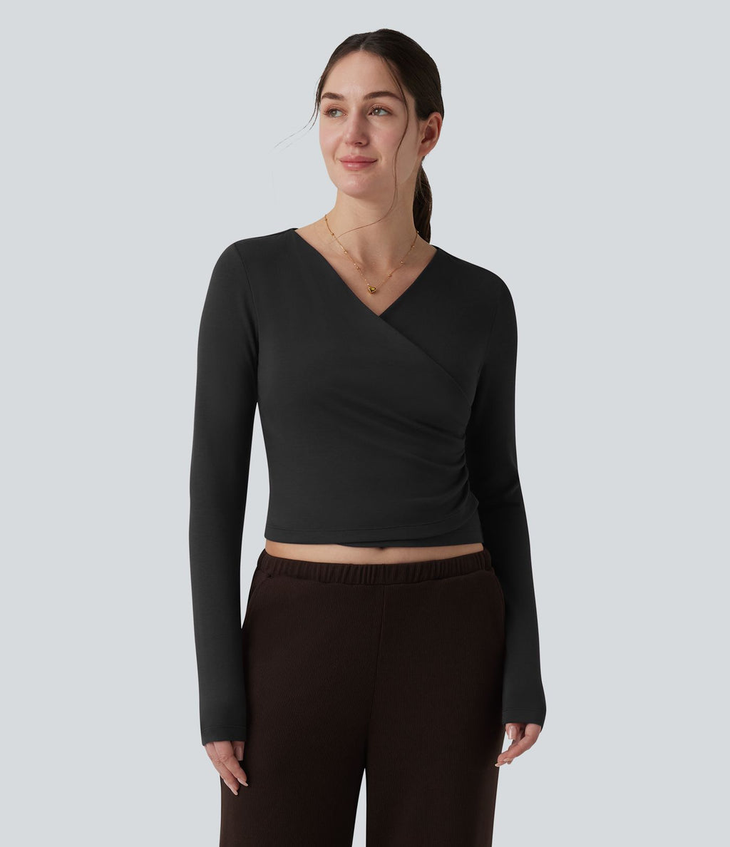 Top réchauffant casual Halara HeatCore col V manches longues croisé avec fronces