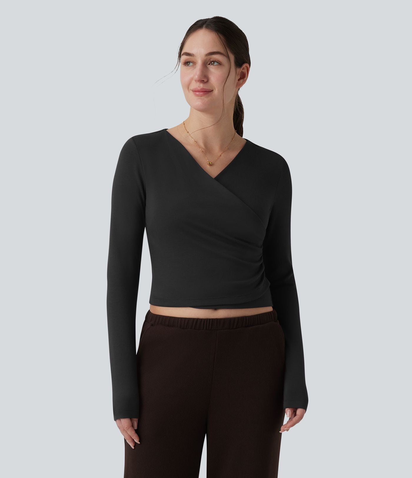 Top réchauffant casual Halara HeatCore col V manches longues croisé avec fronces