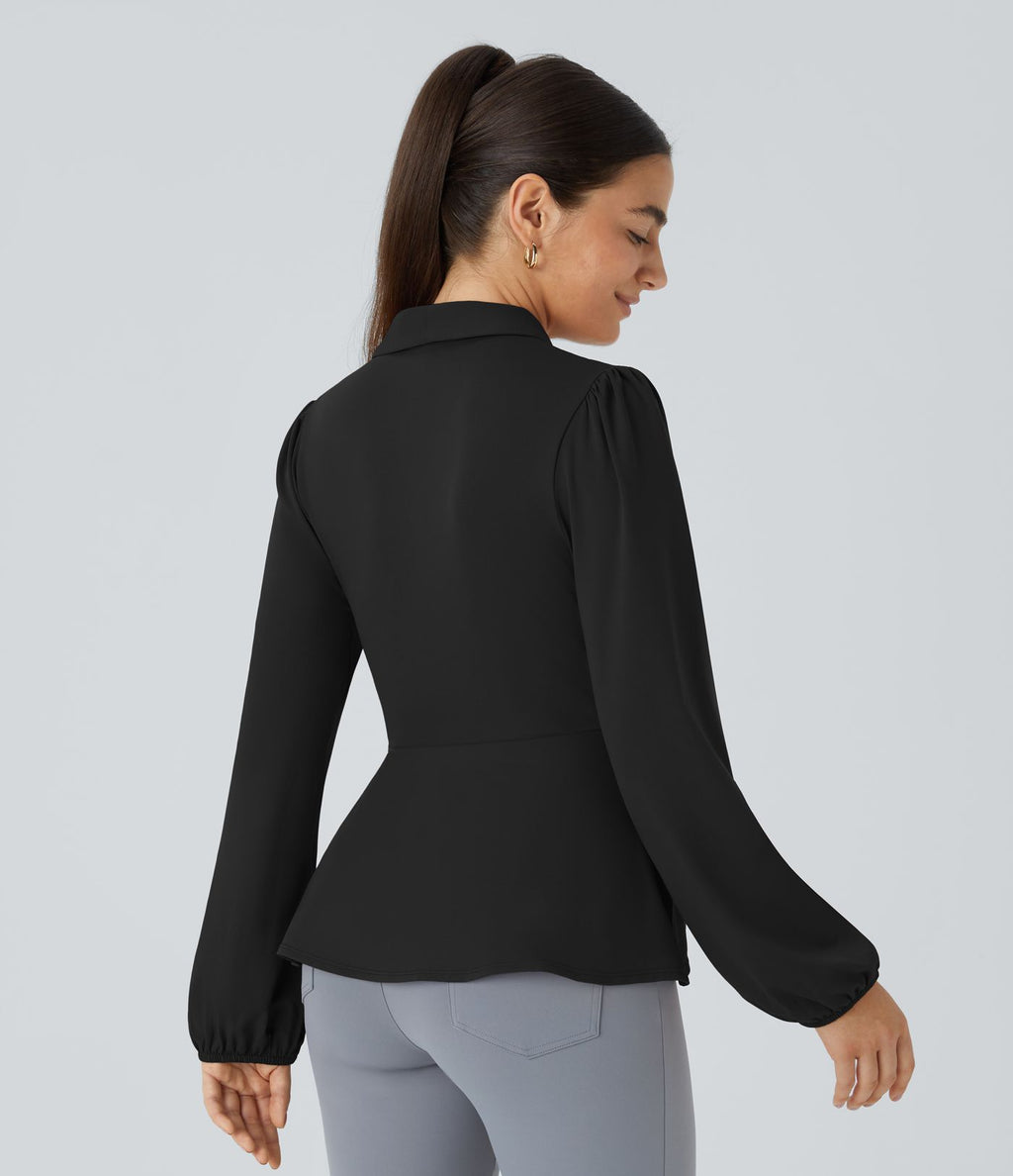 Blouse de travail à col châle, effet cache-cœur, lien sur le côté et ourlet à volants