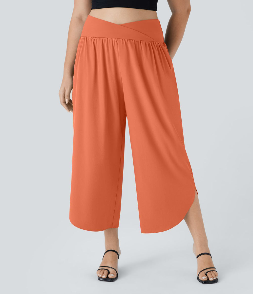 Breezeful™ Pantalon de Vacances Grande Taille Taille Haute avec Découpe Croisée Plissé Poche Latérale Fente et Séchage Rapide