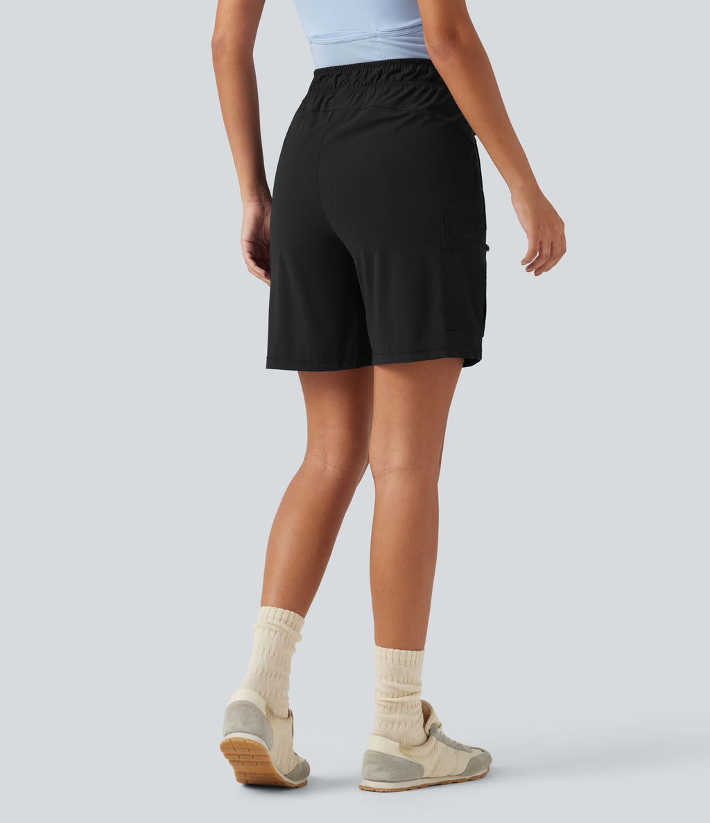 Bermuda cargo décontracté taille haute à cordon de serrage, séchage rapide, effet frais, protection solaire UPF 40+, 17,5 cm, avec poches