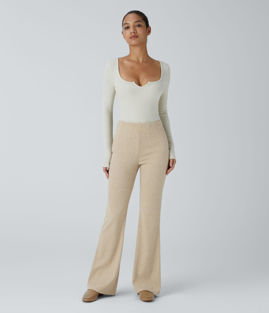 Pantalon décontracté évasé en maille côtelée à taille haute et poches zippées latérales