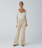 Pantalon décontracté évasé en maille côtelée à taille haute et poches zippées latérales