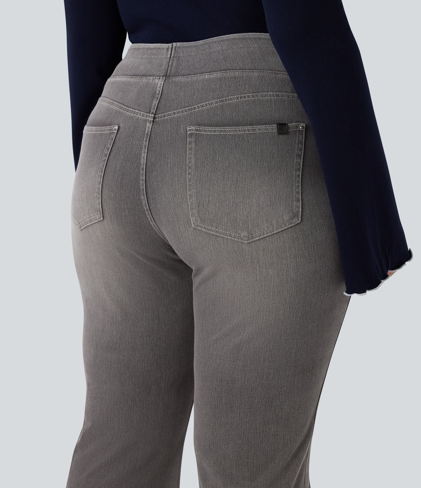 Jean décontracté Halara Flex™ grande taille bootcut taille haute en maille extensible délavée avec multiples poches
